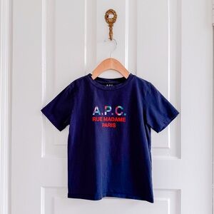 A.P.C. Navy Blue Logo Tee with Multicolor Text